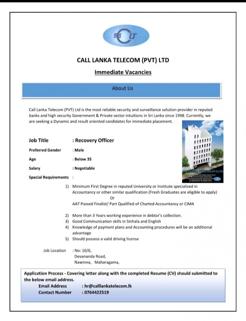 recovery-officer-job-in-call-lanka-telecom-pvt-ltd-maharagama