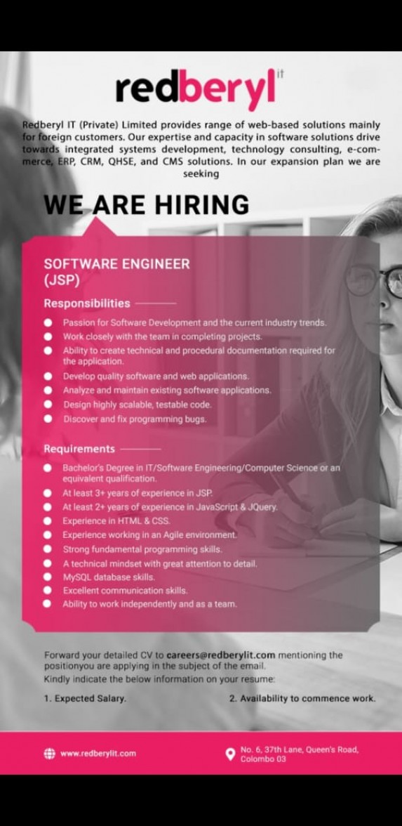 Software Engineer Jsp Job in Redberyl IT (Pvt) Ltd